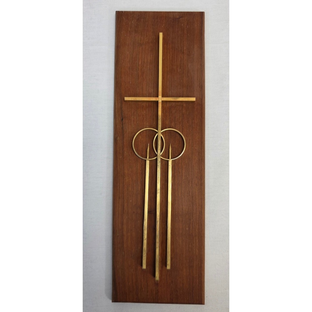 Vintage Concordia Marriage Cross Wood Brass Wall Plaque Mid Century Religious